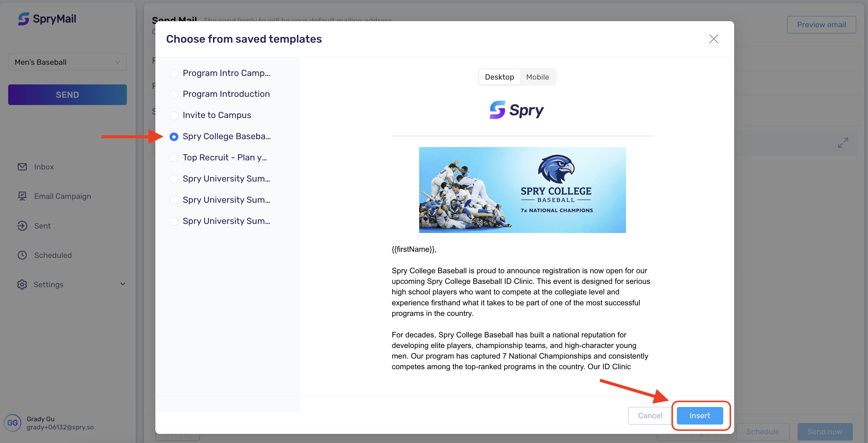 Step 4b2 - Compose email - select saved template .png